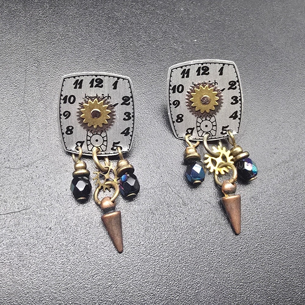 Clock Face Earrings Dangle Drop Pierced Post Steam Punk